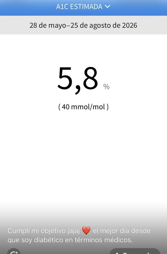 Captura de la aplicación del sensor con la A1c estimada de José Antonio y su mensaje: «Cumplí mi objetivo jajaj, el mejor día desde que soy diabético en términos médicos».